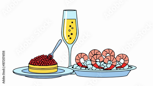 A festive arrangement of bubbly champagne, plump shrimp on ice, and caviar with a spoon