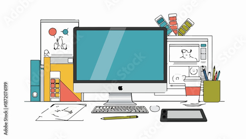 A colorful sketch of a creative workspace with a computer, tablet, and art supplies