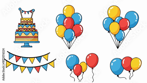 A festive collection of birthday decorations featuring a tiered cake, balloons, and bunting