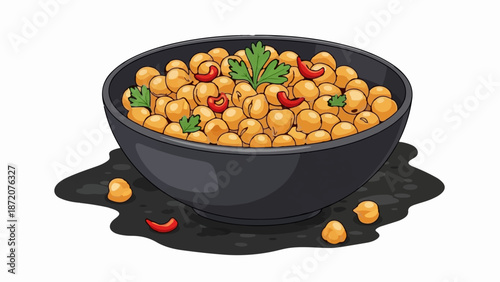 A dark bowl brimming with golden chickpeas, garnished with red chili pieces and green parsley
