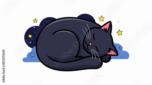 A dark cartoon cat curls up asleep amidst stylized blue clouds and yellow stars