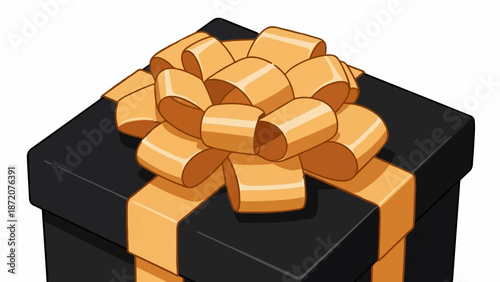 A dark gift box topped with a large, lustrous golden bow