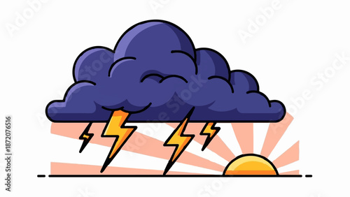 A dark storm cloud with lightning flashes is above a rising sun with light rays