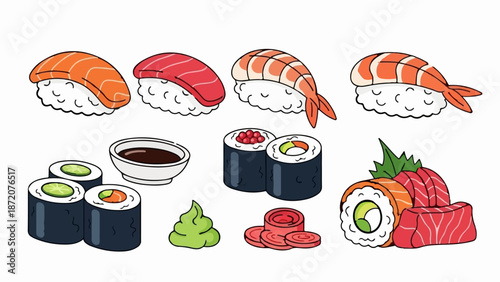 A colorful assortment of Japanese sushi dishes, including nigiri, maki rolls, and sashimi, are artfully arranged on a white background