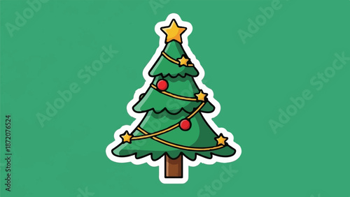 A festive green Christmas tree adorned with yellow stars and red ornaments