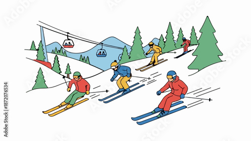 A colorful illustration of people skiing down a snowy mountain with trees and a ski lift