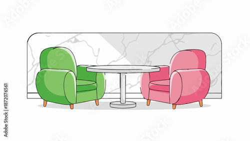 A green and pink armchair face each other across a small round table