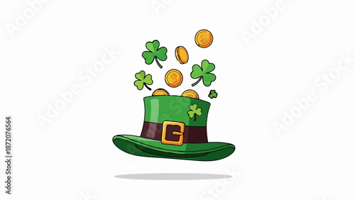 A festive green leprechaun hat adorned with shamrocks and spilling golden coins