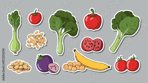 A colorful assortment of fresh fruits and vegetables arranged on a gray background