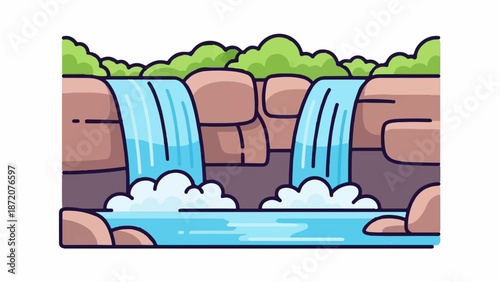 A colorful illustration of a waterfall cascading over rocks amidst lush greenery