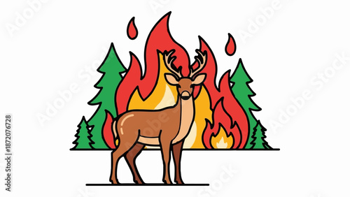 A deer stands before a large forest fire, with flames engulfing evergreen trees