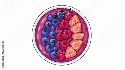 A colorful and vibrant illustration of a smoothie bowl overflowing with fresh berries and fruit slices