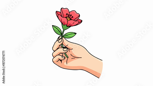 A delicate pink flower is held by a light-skinned hand against a white background