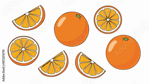 A collection of whole and sliced oranges against a white background