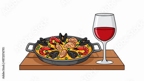 A festive seafood paella sits next to a glass of red wine on a wooden surface