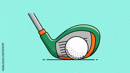 A green golf club poised to strike a white ball on a blue background
