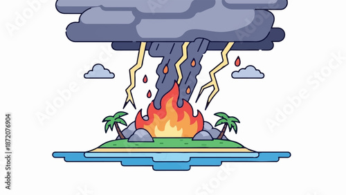 A fiery island under a stormy, lightning-filled sky