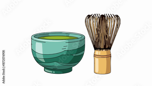 A green matcha tea bowl and bamboo whisk on a white background