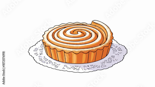 A delicious cinnamon swirl tart with white icing, resting on a white doily