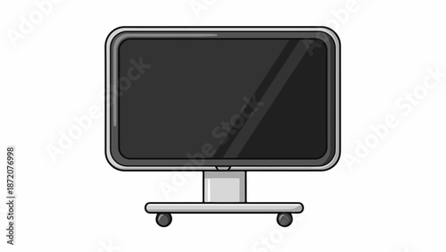 A grey flat-screen monitor with a dark screen and a wheeled stand