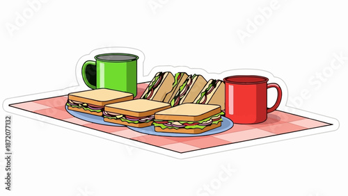 A delightful picnic spread with sandwiches and beverages on a checkered blanket