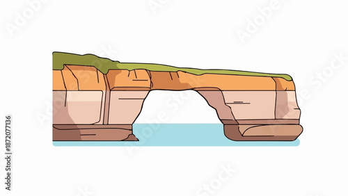 A flat illustration of a rock arch formation over calm blue water