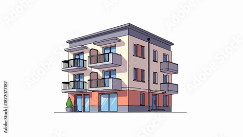 A flat, stylized illustration of a modern apartment building with balconies