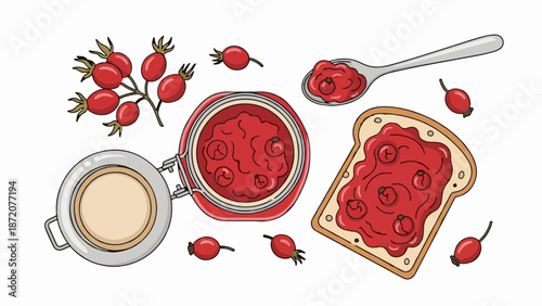 A collection of rose hips, jam in a jar and on toast, and a spoonful of jam