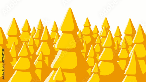 A dense forest of stylized, golden evergreen trees against a white background