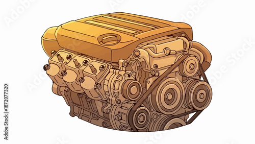 A detailed illustration of a complex internal combustion engine, rendered in warm, golden tones with sharp outlines against a white background