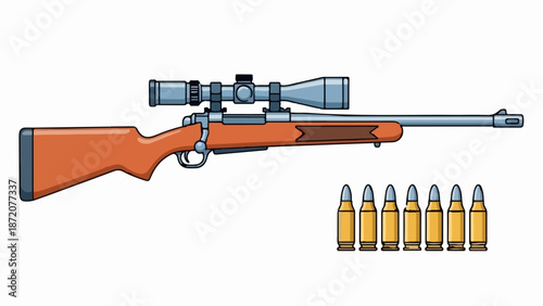 A detailed illustration of a rifle with a telescopic sight and a row of cartridges