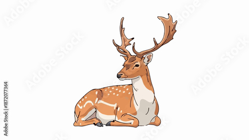 A detailed illustration of a spotted deer resting on a white background