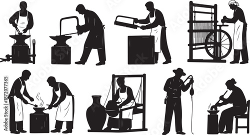 Silhouettes of people working in various industrial jobs and crafts