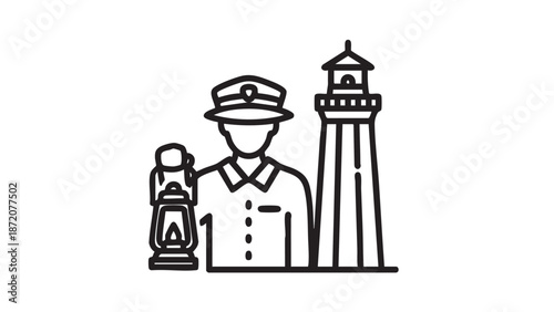 A sailor stands beside a lighthouse and a lantern, illustrating navigation and guidance at sea.