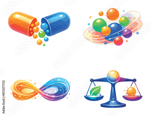 Vibrant illustrations of medicine, molecules, infinity, and balance