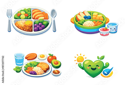 Colorful healthy meals and cheerful heart character with vibrant fruits and vegetables