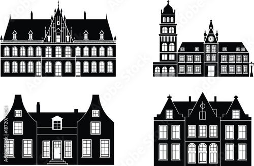 European historic buildings silhouette icon set with classic town hall clock tower mansion and old architecture black vector