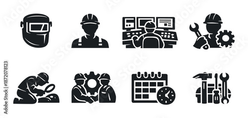 Industrial icons of engineers and technicians in various work settings