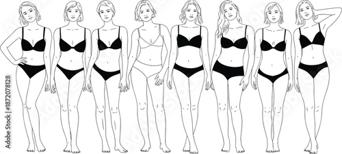 Female body types illustration with women in lingerie showing diverse shapes proportions minimal line art fashion vector design