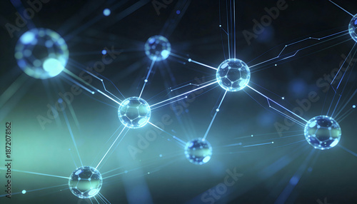 An abstract illustration of a blockchain network featuring glowing nodes connected by dynamic lines across a dark gradient background.