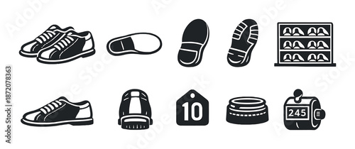 Footwear icons set with sneakers, sandals, bootprints, and shoe rack