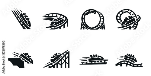 Icons of roller coaster rides and loops on dark background