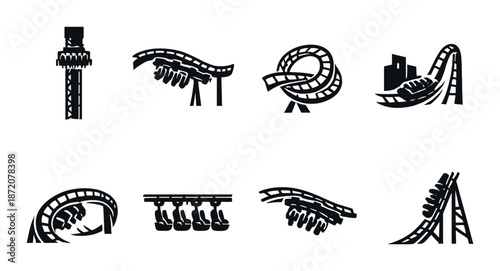 Set of amusement park ride icons featuring roller coasters and thrill rides