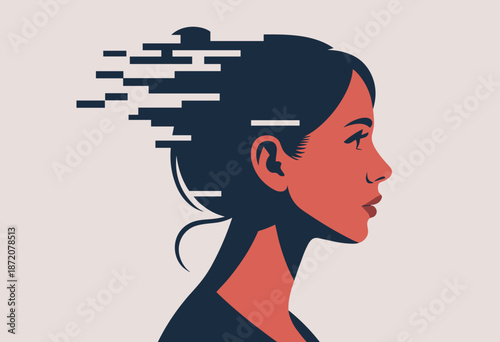 Contemplative Woman with Abstract Digital Flux Representing Thought in Warm Coral and Navy Hues