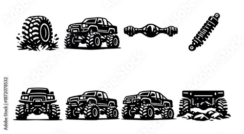 Monster truck designs featuring tires, axles, and suspensions