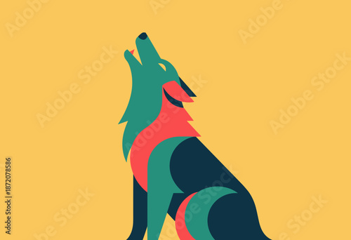 Stylized Howling Wolf in Vibrant Colors Against a Bold Yellow Background