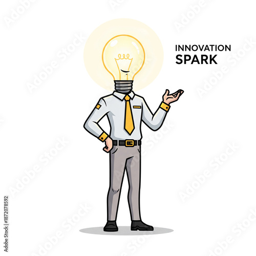 Innovation Spark Business Character With Lightbulb Head Representing Creativity Ideas Inspiration Strategy Vision And Future Thinking ideal for presentations, startups, modern corporate storytelling.