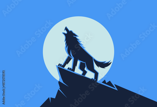 Majestic Wolf Howling at a Full Moon with Dramatic Blue Sky Backdrop