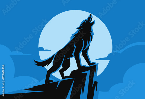 Majestic Wolf Howling at a Full Moon with Dramatic Blue Sky Backdrop