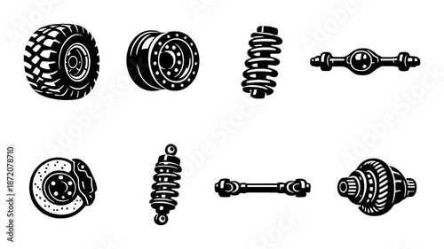 Monochrome illustrations of car suspension and wheel components on gray background